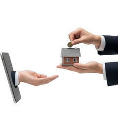 Hands exchanging a house model and coin from a smartphone, isolated on transparent background