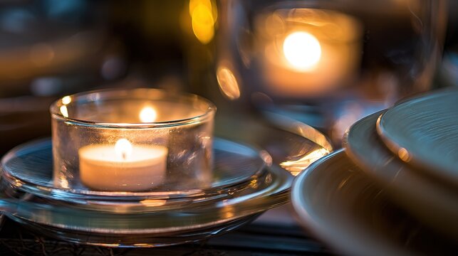 Elegant dining table arrangement with warm candlelight, creating a cozy and inviting atmosphere.