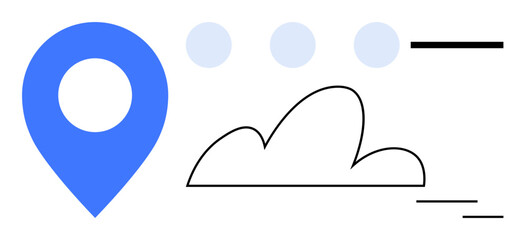 Blue location pin next to cloud, dots, and abstract lines. Ideal for navigation, connectivity, cloud storage, direction, travel technology and data sharing concepts. Simple flat metaphor
