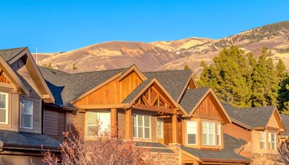 Row houses with mountain backdrop