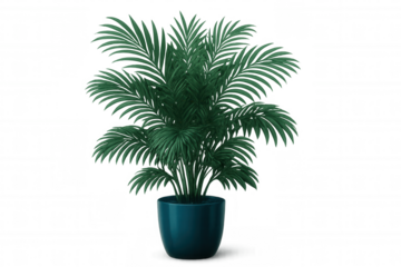 3d rendering of a parlor palm houseplant with vibrant green leaves in a stylish teal pot, isolated on a transparent background