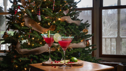Festive, holiday pomegranate gimlets mixed drink beverage.