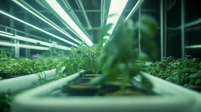 A modern indoor farm utilizes hydroponics to grow basil under LED lights, highlighting advancements in sustainable agriculture and horticulture.