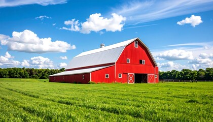 Obraz premium Vibrant Red Barn with Silver Roof Amidst Green Field and Blue Sky with Clouds