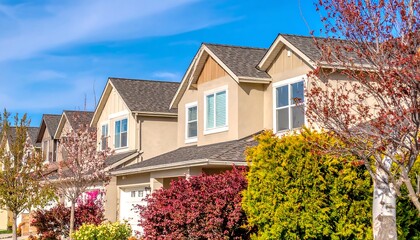 Row of beige houses under a clear blue sky