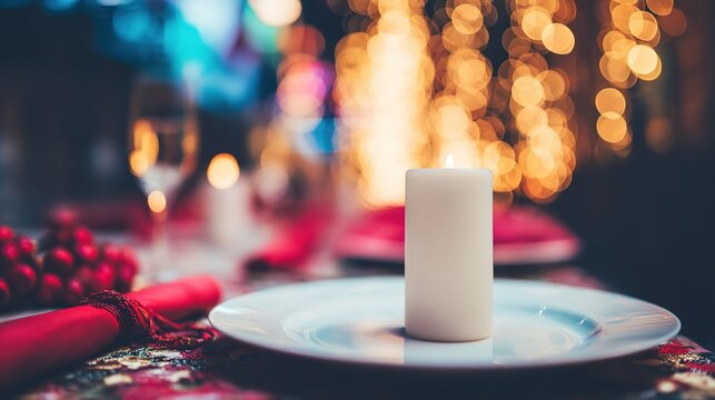 Elegant dining table arrangement with warm candlelight, creating a cozy and inviting atmosphere.