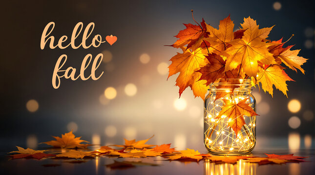 Hello Fall Image: Autumn Leaves in Jar with Fairy Lights, Warm Bokeh Background, Cozy Fall Decor, Seasonal Still Life Photo