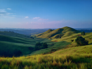 Rolling Green Hills Under Clear Blue Sky at Peaceful Pasture