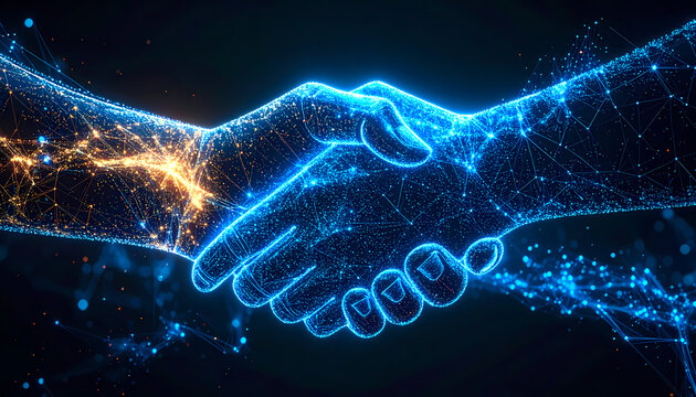 Digital handshake symbolizing trust in future business agreement. technology network connection for successful innovation and partnership