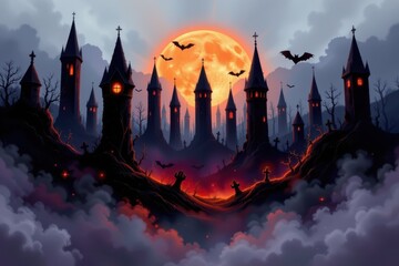 abstract halloween composition of jagged black shapes illuminated by soft orange glow, smoky purple layers, faint green reflections, mysterious depth conveyed visually.