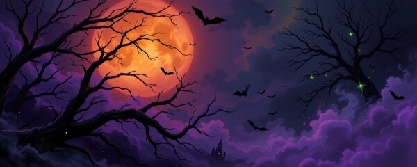 surreal halloween abstract with swirling black lines, faint orange glow behind, purple mist covering space, subtle green sparks, mysterious haunting energy conveyed.