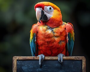A magnificent and colorful aw featuring vibrant red orange yellow and blue plumage perches gracefully on a blank blackboard looking left
