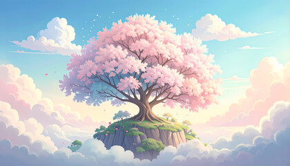 Dreamy fantasy landscape of beautiful pink cherry blossom tree on floating island, serene and peaceful scene above pastel clouds