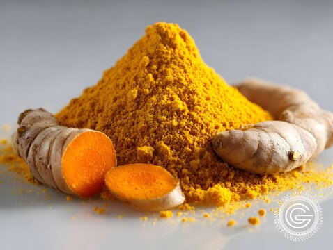 Bright yellow turmeric powder and sliced root pieces are arranged on a smooth, light gray surface top view.