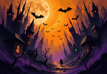 abstract halloween artwork with jagged black forms, soft orange illumination creating shadows, purple haze drifting, faint green reflections, mysterious eerie atmosphere.