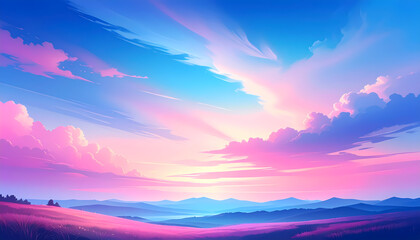 Serene pink and blue sky with cloud over nature landscape at sunset. beautiful and peaceful background illustration for tranquil feeling