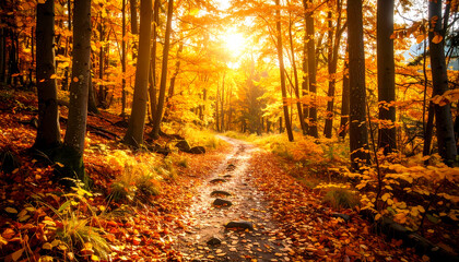Fototapeta premium Serene autumn forest path with golden sunlight filtering through trees. beautiful landscape with colorful leaves creates feeling of peace