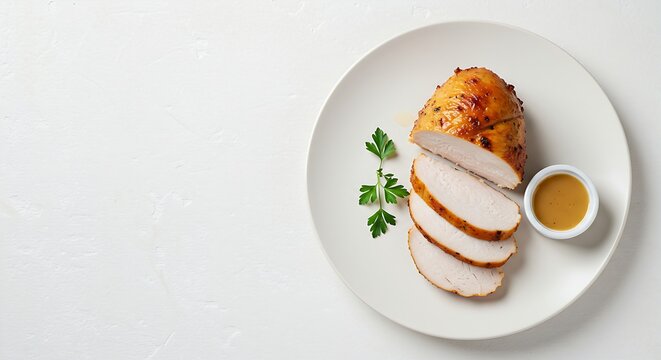 a single slice of roasted turkey breast, perfectly sliced, on a clean white plate. A small pile of herbs and a tiny dish of gravy are the only accompaniments. 