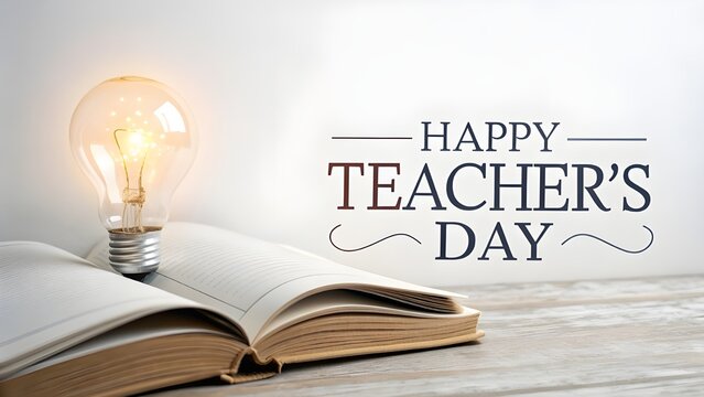 Happy teachers day concept with glowing light bulb and open book