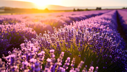 Obraz premium Beautiful purple lavender field at sunset. serene and calm nature landscape with golden sun and soft light. tranquil flower background