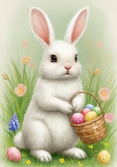 Obraz premium White Fluffy Bunny Holding Easter Egg Basket in Spring Meadow
