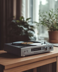 Obraz premium A vintage turntable rests on a wooden table, bathed in natural light with plants adorning the background.