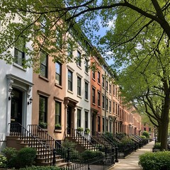 Fototapeta premium Charming Brownstones and Lush Greenery in a Historic Neighborhood.