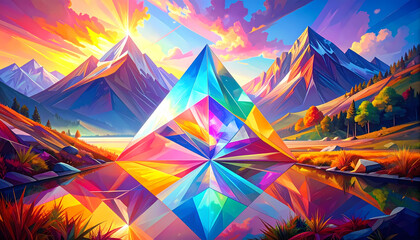Colorful abstract mountain landscape with geometric crystal pyramid reflecting wondrous sunrise. Vibrant digital art with magical mood