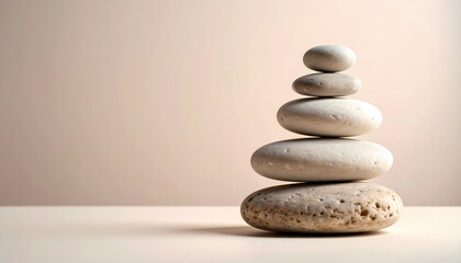 Calm zen stone stack representing balance and harmony. peaceful pebble pyramid for meditation and spa wellness with neutral background