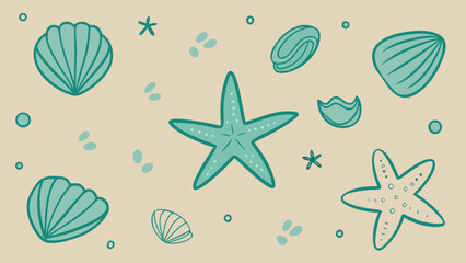 Cute hand drawn starfish and seashells pattern on beige background