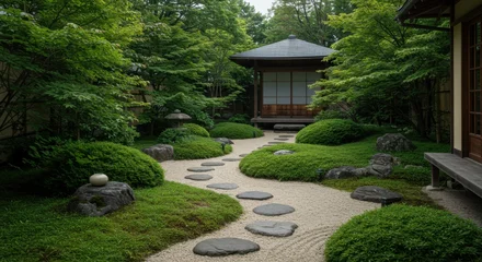 Poster de jardin 3D Serene Japanese Garden with Stone Path and Tea House  © ASTERISKS