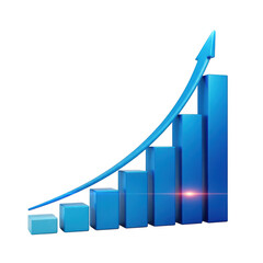 Blue bar chart with upward trend arrow showing business growth and financial success transparent background