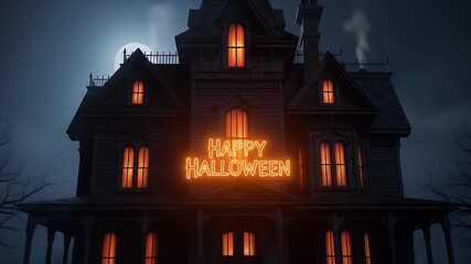 A spooky haunted house displays a glowing "Happy Halloween" sign under a full moon on a dark night. - Powered by Adobe