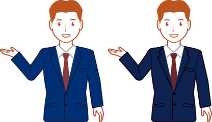 ネイビースーツ、ベリーショートのこちらと指し示す若い男性