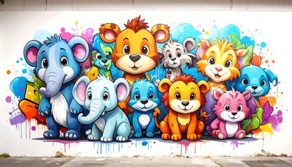A vibrant mural of cartoon animals. A large group of cute, colorful animal characters are depicted in a mural-like format against a white wall.  Splashes of paint add a dynamic touch