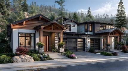 Modern houses boast stylish architecture and seamlessly blend with the lush greenery of the surrounding nature.