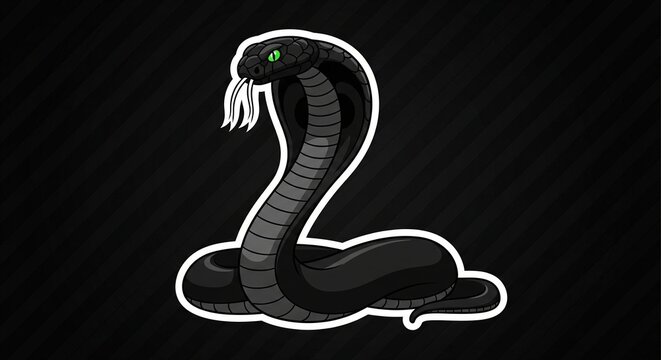 A sleek, cartoon-style black cobra logo with glowing green eyes and a white outline against a dark, textured background