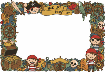 Pirate Day Frame with Cute Boy and Girl in Pirate Costumes. International Talk Like a Pirate Day