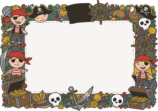 Pirate Day Frame with Cute Boy and Girl in Pirate Costumes. International Talk Like a Pirate Day - Powered by Adobe