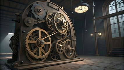 Intricate Steampunk Clockwork Mechanism in Dark Room.