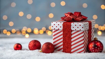 Obraz premium Festive christmas gift box with red ornaments nestled in soft white snow and bokeh lights