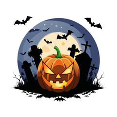 Fototapeta premium Halloween pumpkin with spooky graveyard and bats