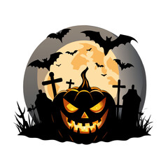 Spooky halloween pumpkin with graveyard and bats