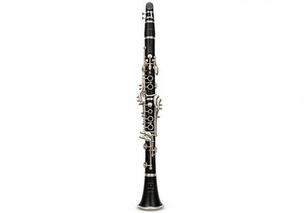 Professional black clarinet, a classical woodwind musical instrument with silver keys, isolated on a white background for orchestra or band concepts