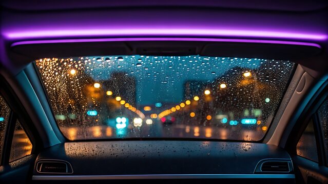 View through a rainy car windshield at night with city lights and purple interior lighting