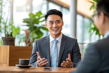 Smiling asian businessman in suit enthusiastically talking to colleague in modern office setting