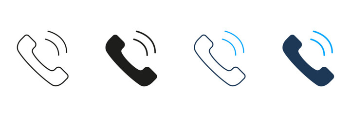 Ringing Telephone Handset Line And Solid Icon Set. Communication, Call Alert, And Telecommunication Symbol Collection. Phone Receiver With Sound Waves. Isolated Vector Illustration