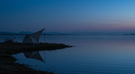 Blue Hour Serenity - A Solitary Sailboats Perfect Reflection at Twilight.