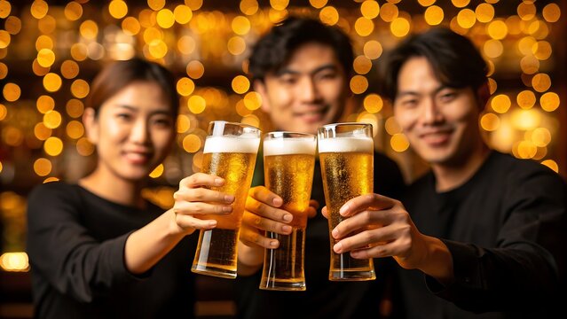 Three smiling friends toasting with glasses of beer in a cozy bar with bokeh lights - Powered by Adobe
