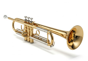 Elegant gold lacquered trumpet, a classic brass wind instrument used in symphony orchestras and jazz bands, isolated on a white background